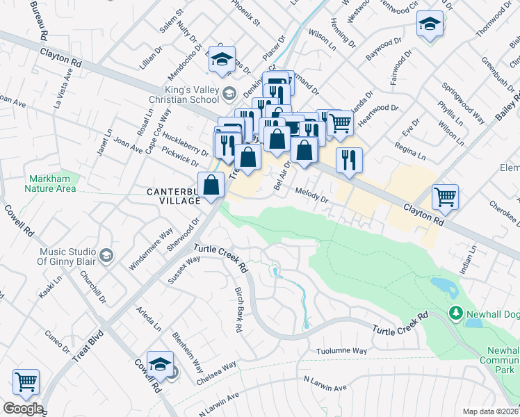 map of restaurants, bars, coffee shops, grocery stores, and more near 1450 Bel Air Drive in Concord