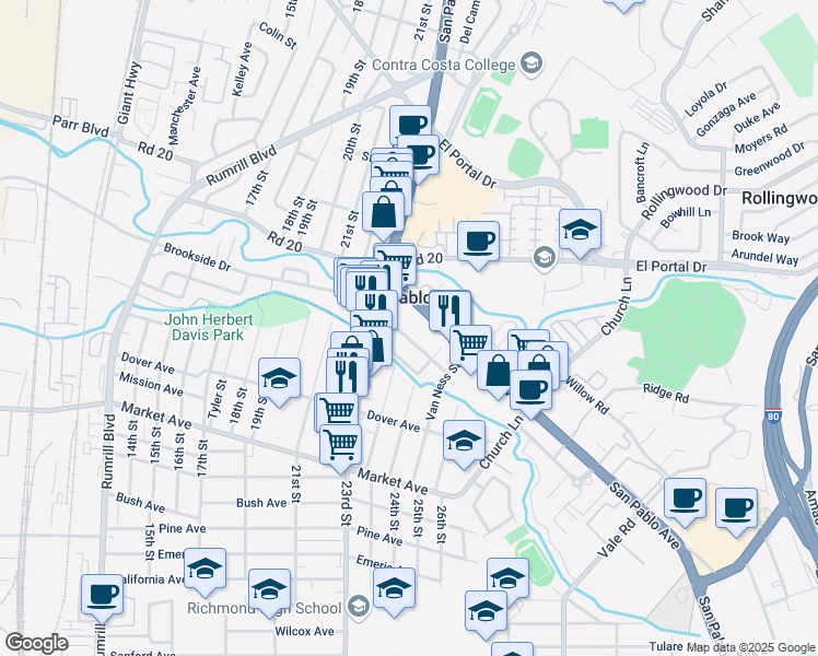 map of restaurants, bars, coffee shops, grocery stores, and more near 2446 Standard Avenue in San Pablo