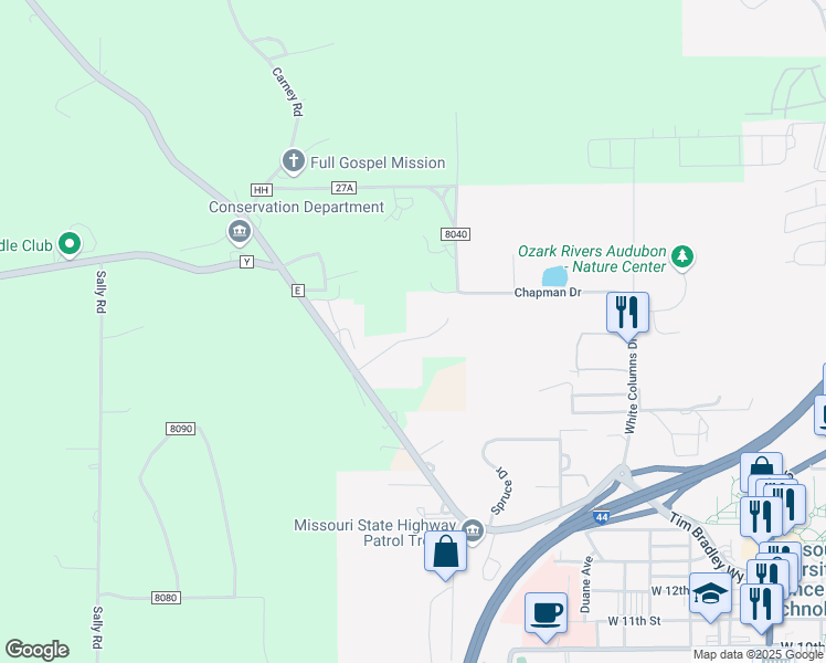 map of restaurants, bars, coffee shops, grocery stores, and more near 1973 Emily Drive in Rolla