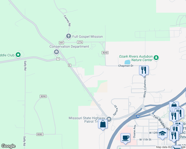 map of restaurants, bars, coffee shops, grocery stores, and more near 1973 Emily Drive in Rolla