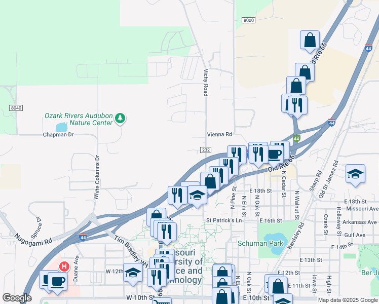 map of restaurants, bars, coffee shops, grocery stores, and more near 1825 Vichy Road in Rolla