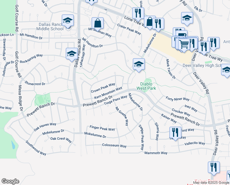 map of restaurants, bars, coffee shops, grocery stores, and more near 1860 Kern Mountain Way in Antioch