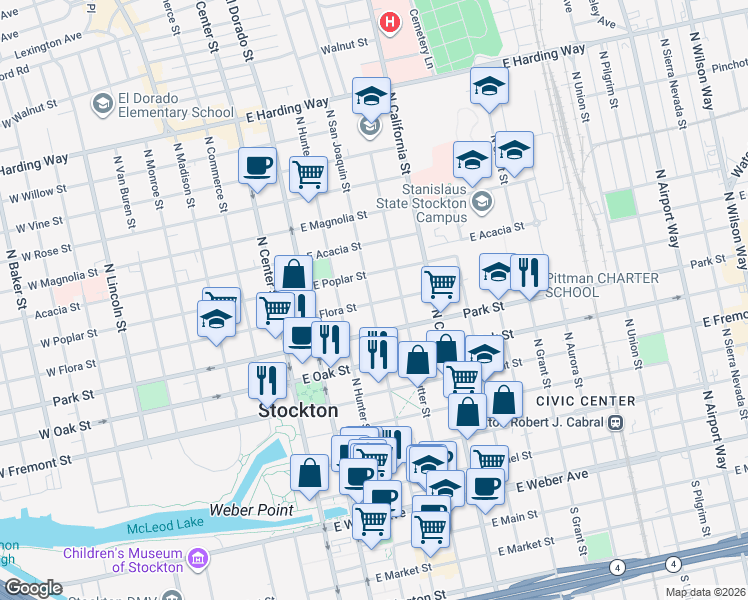 map of restaurants, bars, coffee shops, grocery stores, and more near 822 North San Joaquin Street in Stockton
