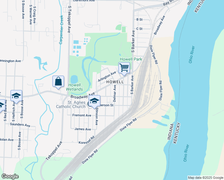 map of restaurants, bars, coffee shops, grocery stores, and more near 3123 Dearborn Street in Evansville