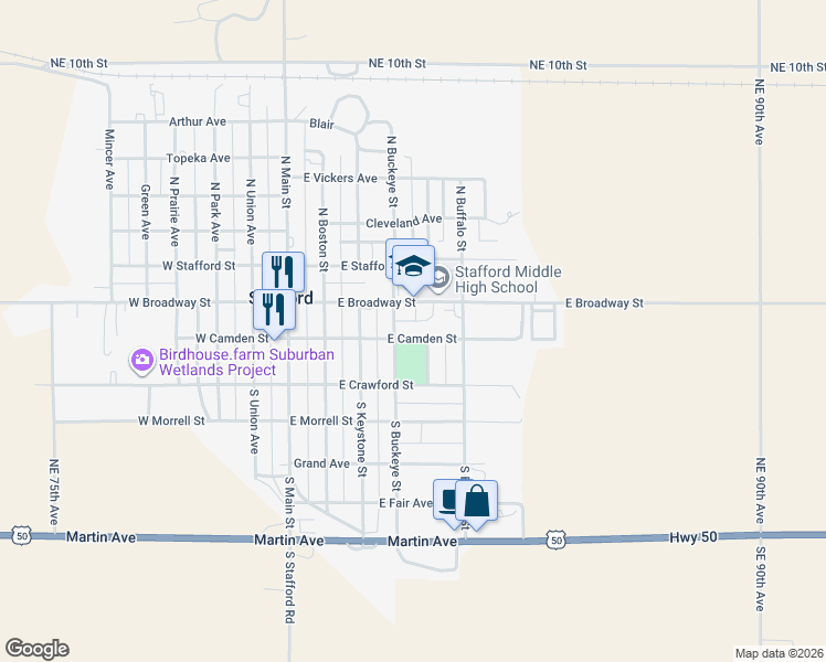 map of restaurants, bars, coffee shops, grocery stores, and more near 216 Kansas Avenue in Stafford