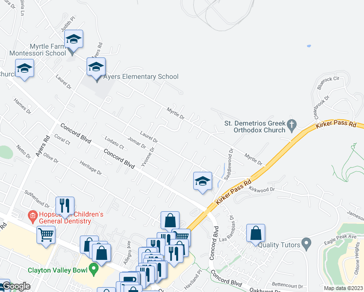 map of restaurants, bars, coffee shops, grocery stores, and more near 1935 Hurtts Court in Concord