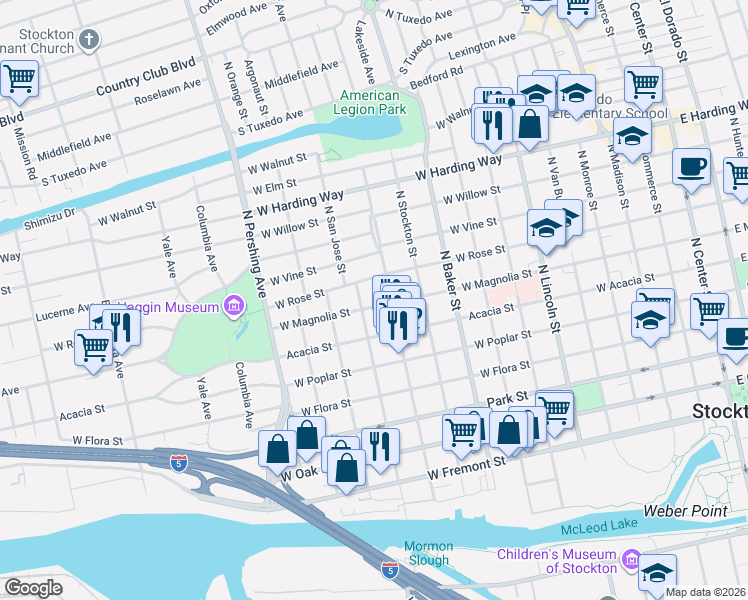 map of restaurants, bars, coffee shops, grocery stores, and more near 1037 West Magnolia Street in Stockton