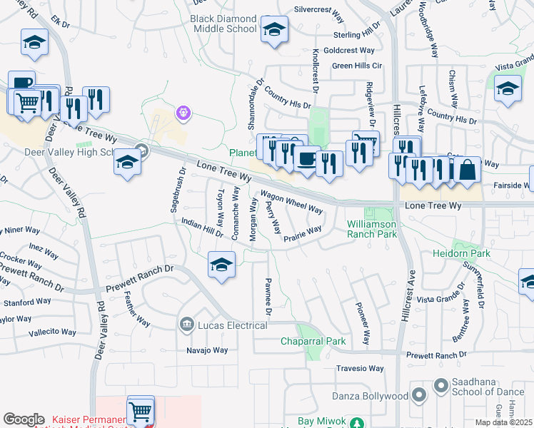 map of restaurants, bars, coffee shops, grocery stores, and more near 5016 Perry Way in Antioch