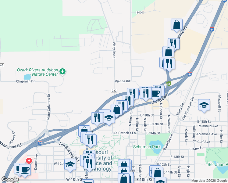 map of restaurants, bars, coffee shops, grocery stores, and more near 1879 Vichy Road in Rolla