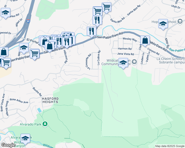 map of restaurants, bars, coffee shops, grocery stores, and more near 3944 La Cima Road in El Sobrante