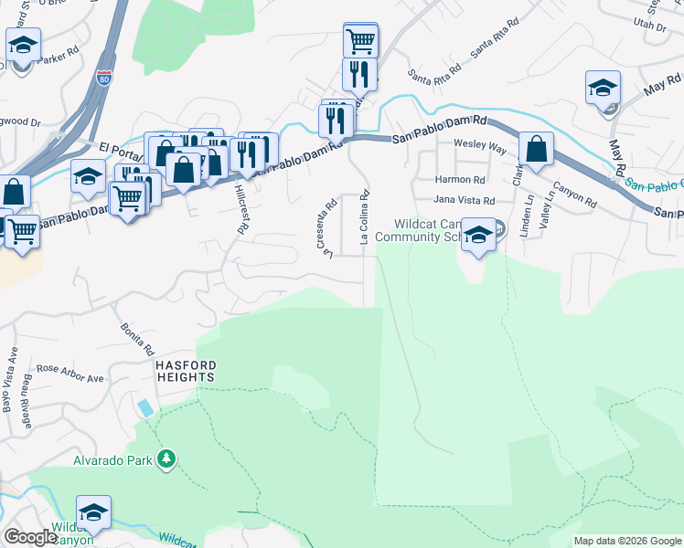 map of restaurants, bars, coffee shops, grocery stores, and more near 3901 El Monte Road in El Sobrante