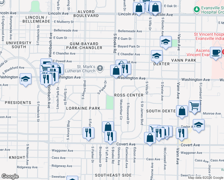 map of restaurants, bars, coffee shops, grocery stores, and more near 1000-1024 South Boeke Road in Evansville