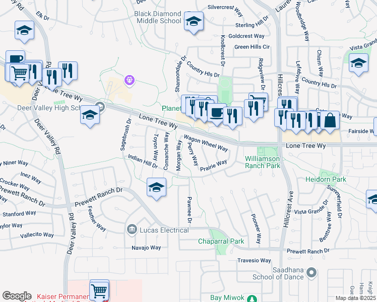 map of restaurants, bars, coffee shops, grocery stores, and more near 5032 Wagon Wheel Way in Antioch