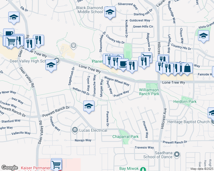 map of restaurants, bars, coffee shops, grocery stores, and more near 5016 Perry Way in Antioch