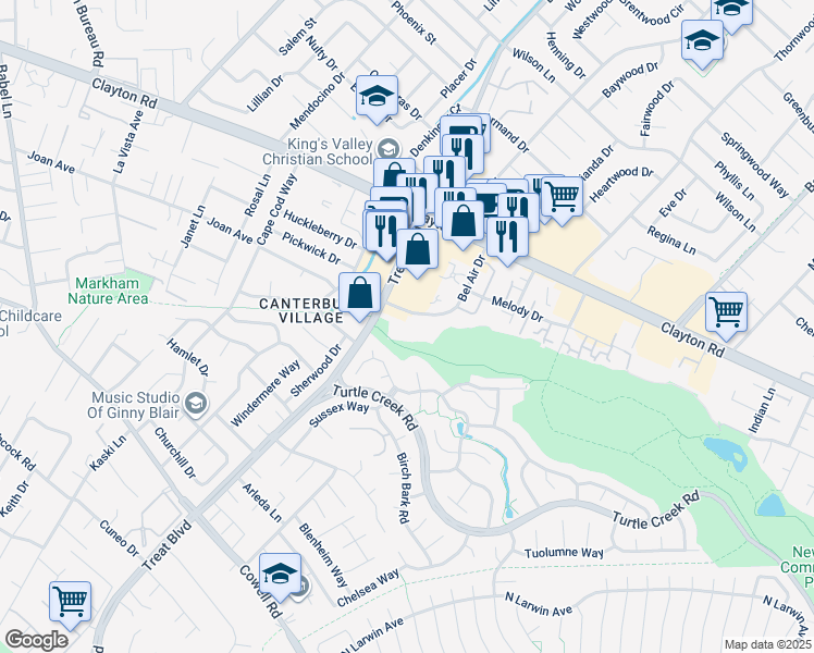 map of restaurants, bars, coffee shops, grocery stores, and more near 1420 Bel Air Drive in Concord