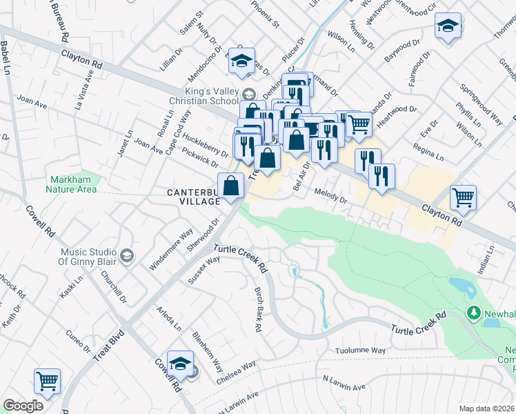map of restaurants, bars, coffee shops, grocery stores, and more near 4420 Treat Boulevard in Concord