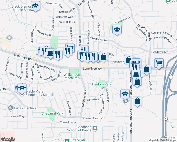map of restaurants, bars, coffee shops, grocery stores, and more near 5019 Fernbank Way in Antioch