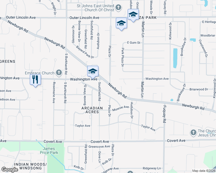 map of restaurants, bars, coffee shops, grocery stores, and more near 6830 Newburgh Road in Evansville