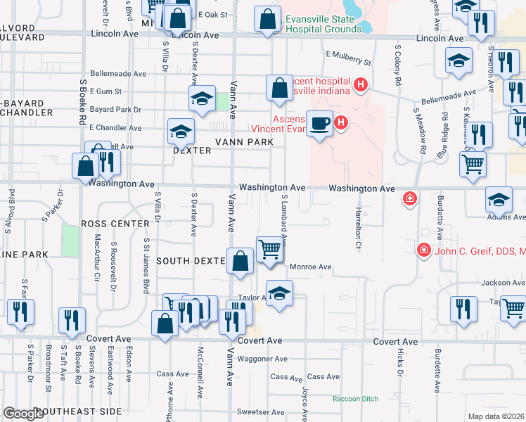 map of restaurants, bars, coffee shops, grocery stores, and more near 1114 Hatfield Drive in Evansville