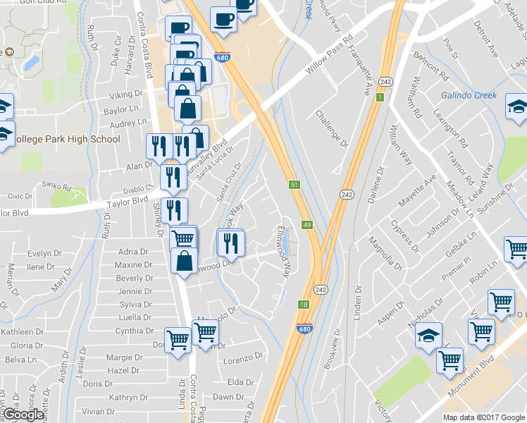 map of restaurants, bars, coffee shops, grocery stores, and more near 223 Sunspring Court in Pleasant Hill