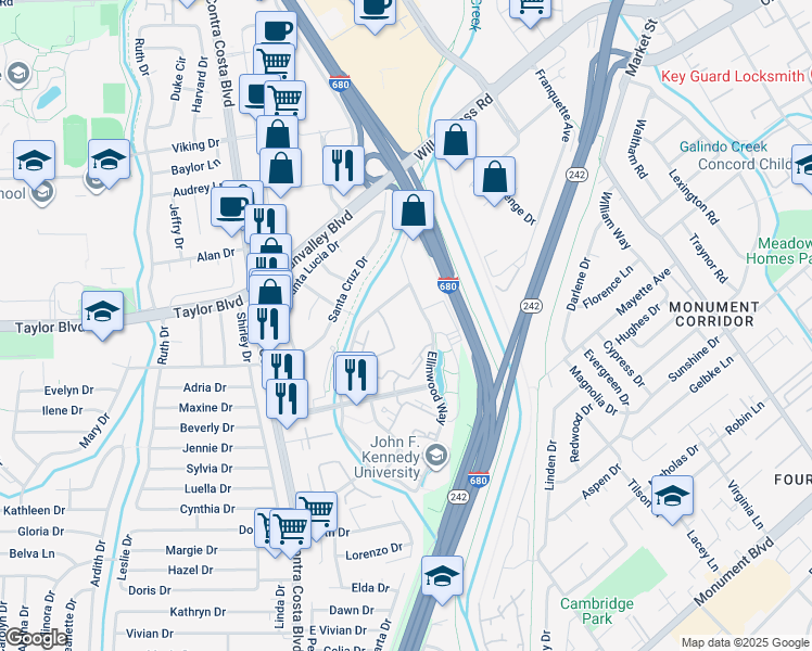 map of restaurants, bars, coffee shops, grocery stores, and more near 223 Sunspring Court in Pleasant Hill