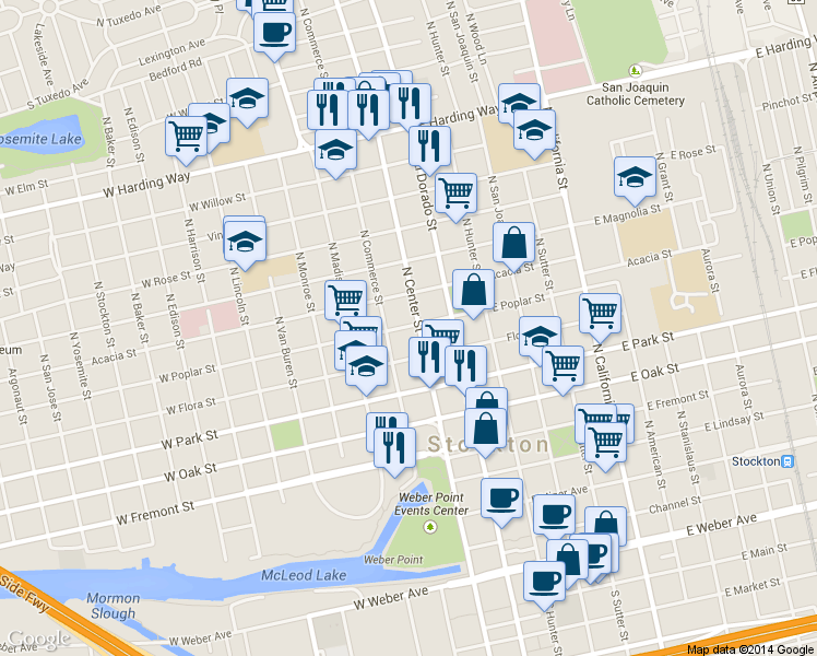 map of restaurants, bars, coffee shops, grocery stores, and more near 44 Acacia Street in Stockton