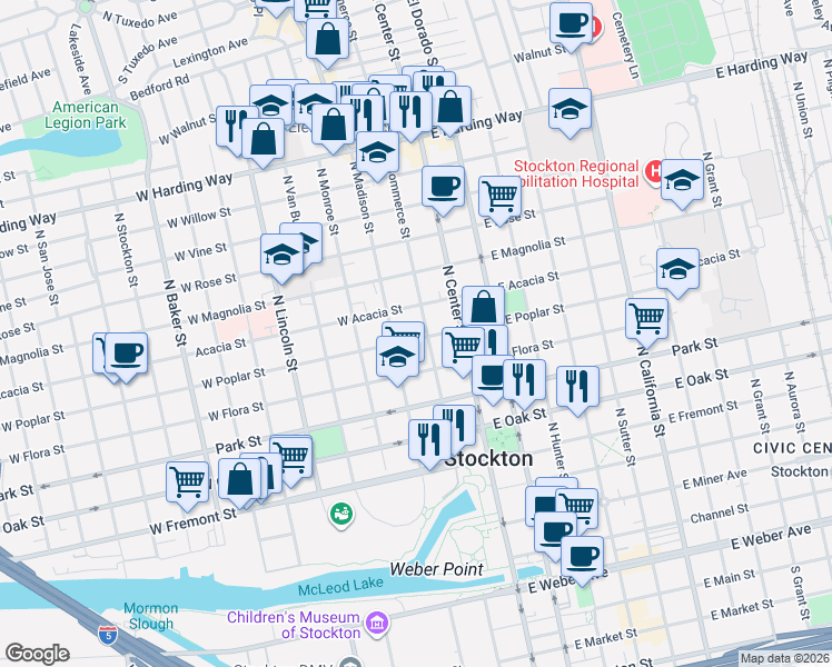 map of restaurants, bars, coffee shops, grocery stores, and more near 129 West Acacia Street in Stockton