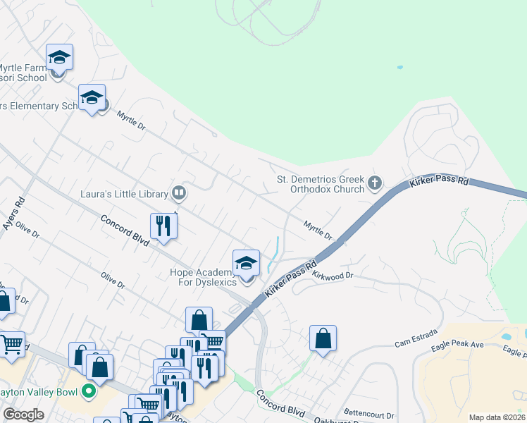 map of restaurants, bars, coffee shops, grocery stores, and more near 5245 Myrtle Drive in Concord