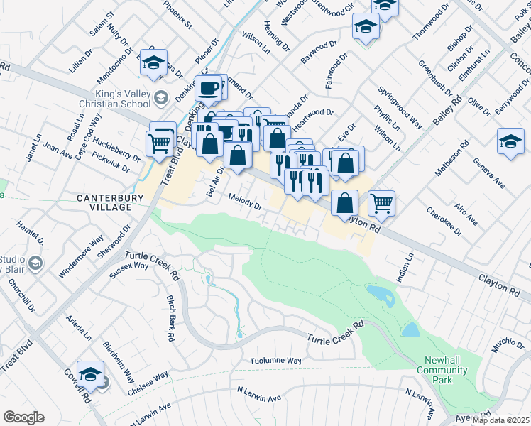 map of restaurants, bars, coffee shops, grocery stores, and more near 4579 Melody Drive in Concord