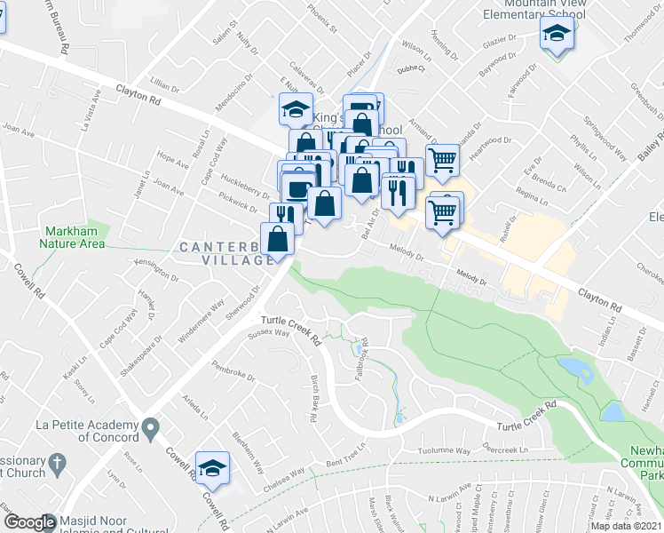 map of restaurants, bars, coffee shops, grocery stores, and more near 1401 Bel Air Drive in Concord