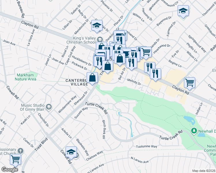 map of restaurants, bars, coffee shops, grocery stores, and more near 1483-1491 Bel Air Drive in Concord