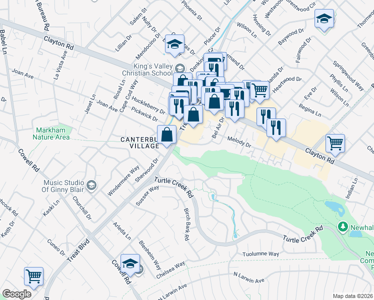 map of restaurants, bars, coffee shops, grocery stores, and more near 4420 Treat Boulevard in Concord