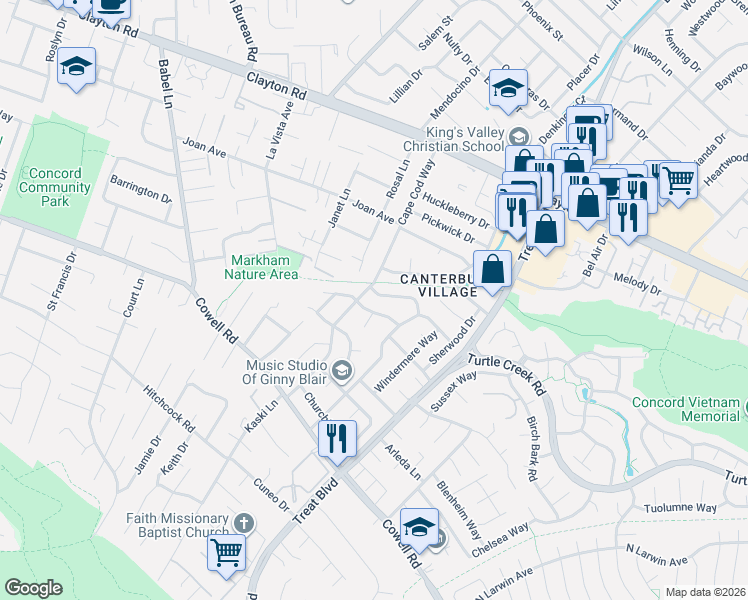 map of restaurants, bars, coffee shops, grocery stores, and more near 4106 Cobblestone Drive in Concord