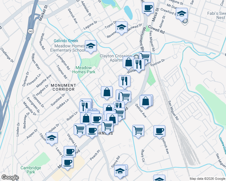 map of restaurants, bars, coffee shops, grocery stores, and more near 2481 Walters Way in Concord