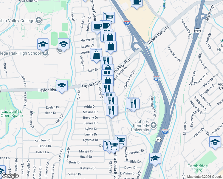 map of restaurants, bars, coffee shops, grocery stores, and more near 1030 Santa Lucia Drive in Pleasant Hill
