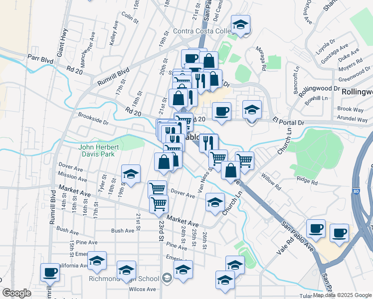 map of restaurants, bars, coffee shops, grocery stores, and more near 49 Campo Verde Circle in San Pablo