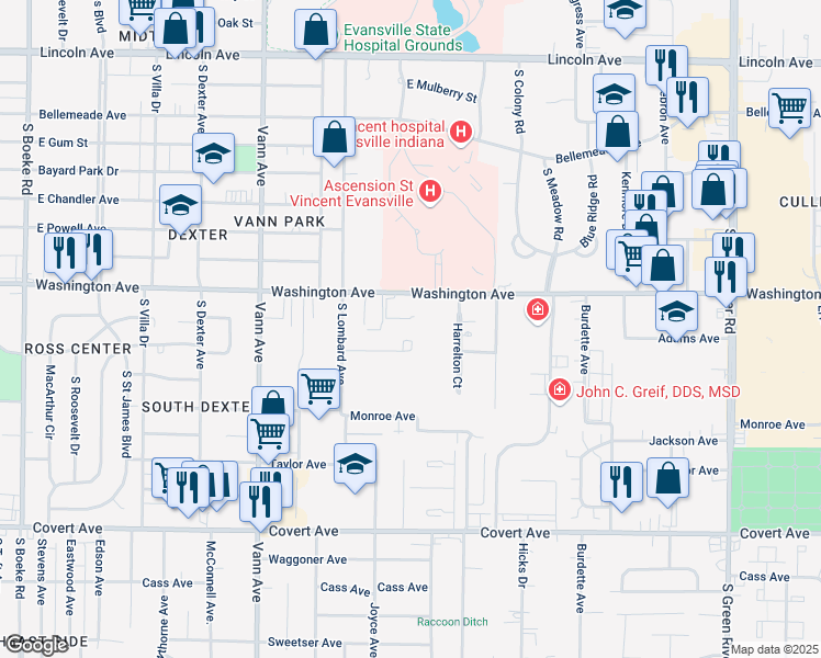 map of restaurants, bars, coffee shops, grocery stores, and more near 3705 Washington Avenue in Evansville