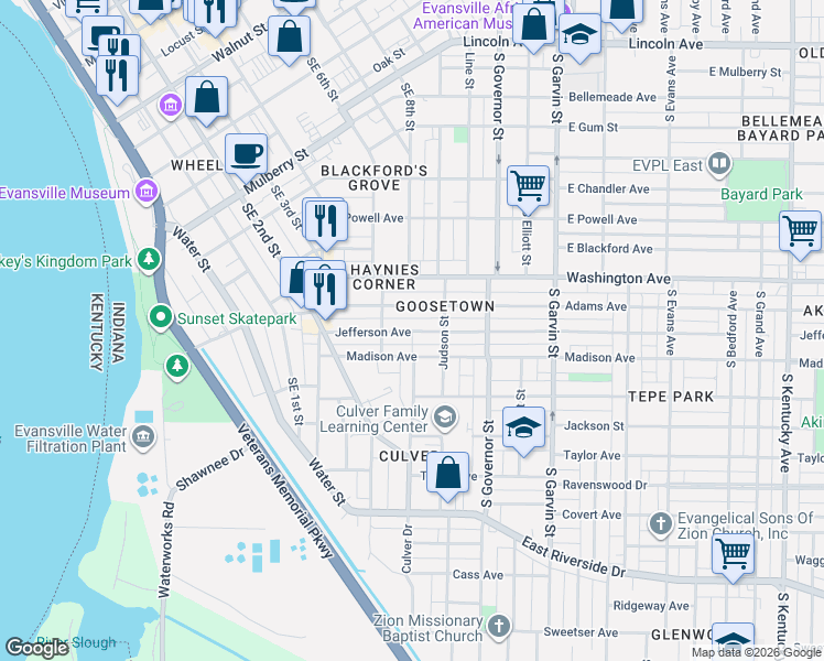 map of restaurants, bars, coffee shops, grocery stores, and more near 203 Adams Avenue in Evansville