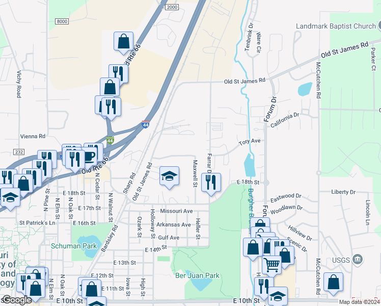 map of restaurants, bars, coffee shops, grocery stores, and more near 2008 Maxwell Street in Rolla