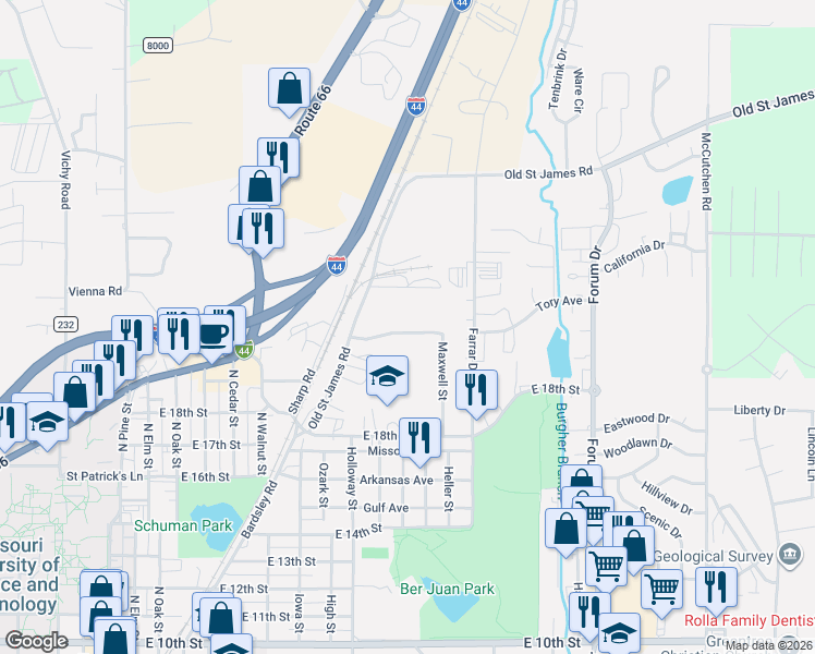 map of restaurants, bars, coffee shops, grocery stores, and more near 2008 Maxwell Street in Rolla