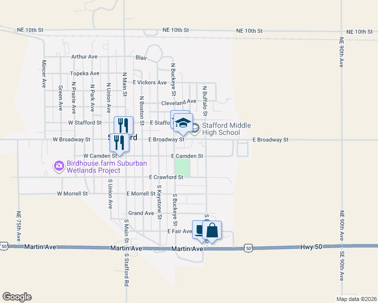 map of restaurants, bars, coffee shops, grocery stores, and more near 433-457 E Broadway St in Stafford