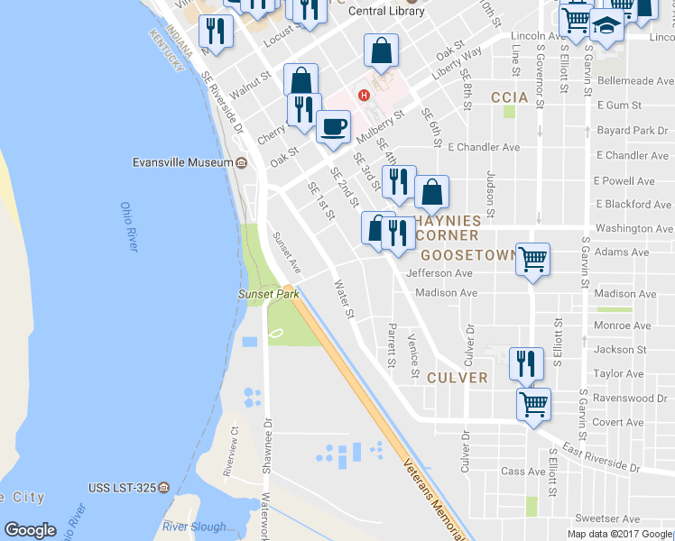 map of restaurants, bars, coffee shops, grocery stores, and more near 1 Adams Avenue in Evansville