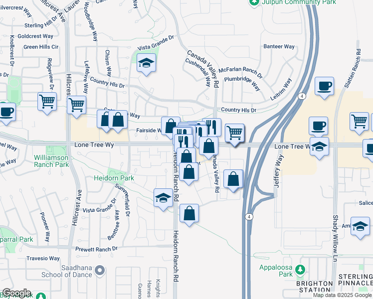 map of restaurants, bars, coffee shops, grocery stores, and more near 5411 Lone Tree Way in Brentwood