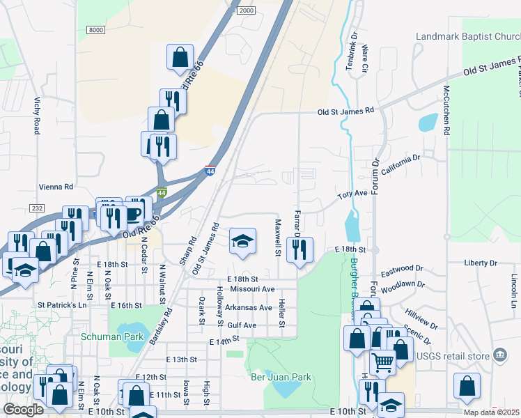map of restaurants, bars, coffee shops, grocery stores, and more near 2008 Maxwell Street in Rolla