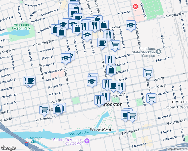 map of restaurants, bars, coffee shops, grocery stores, and more near 129 Acacia Street in Stockton