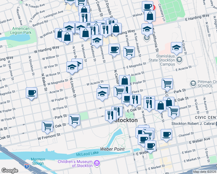 map of restaurants, bars, coffee shops, grocery stores, and more near 905 North Commerce Street in Stockton