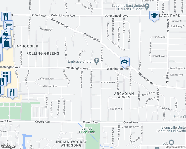 map of restaurants, bars, coffee shops, grocery stores, and more near 6200 Rogers Park Court in Evansville