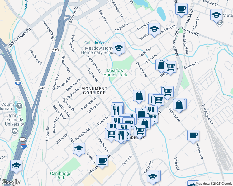 map of restaurants, bars, coffee shops, grocery stores, and more near 2067 Riley Court in Concord
