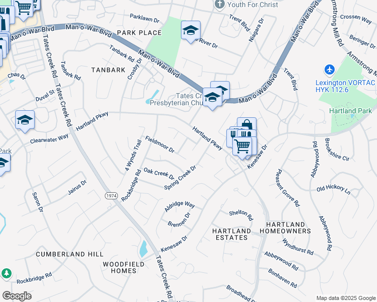 map of restaurants, bars, coffee shops, grocery stores, and more near 1305 Amherst Drive in Lexington