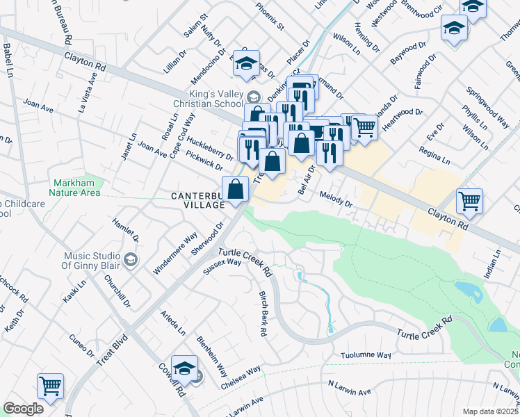 map of restaurants, bars, coffee shops, grocery stores, and more near 1420 Bel Air Drive in Concord